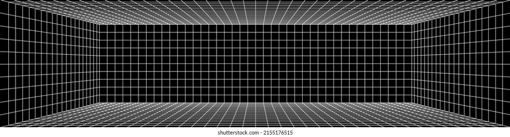 3D digital one point perspective grid room. White mesh on black background. Empty indoor studio frame blueprint. Virtual three dimension scene. Easy guide vector architecture template