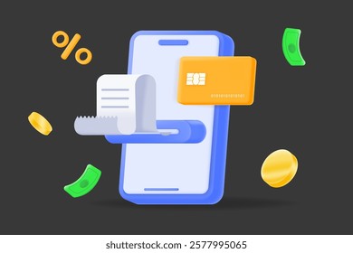 3d Digital payment concept with a mobile device, credit card, receipt, and money symbols. e-commerce, fintech, and online transactions. Seamless mobile payments. illustration vector