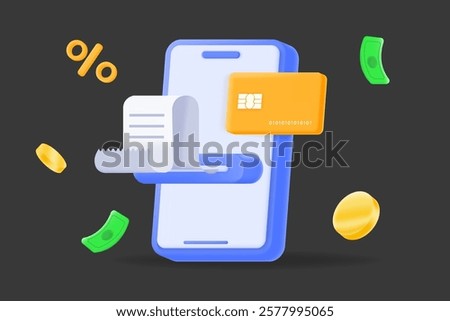 3d Digital payment concept with a mobile device, credit card, receipt, and money symbols. e-commerce, fintech, and online transactions. Seamless mobile payments. illustration vector