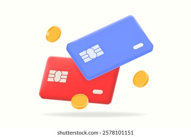 3D digital payment concept with red and blue credit cards and floating gold coins. fintech, banking, e-commerce, and financial services. Secure online transactions illustration