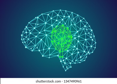 3d digital polygonal human brain with green tree, go green, change of mind and deforestation problem concept, abstract particles plexus structure and science stock vector illustration clip art pattern