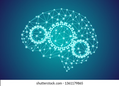 3d digital polygonal plexus blue human brain with gears, artificial intelligence thought process concept, new modern scientific technology stock vector illustration background