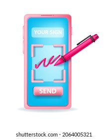 3D digital signature online document illustration, vector virtual contract agreement application concept. Smartphone screen, pen, secure certificate mobile app. 3D electronic paper signature icon