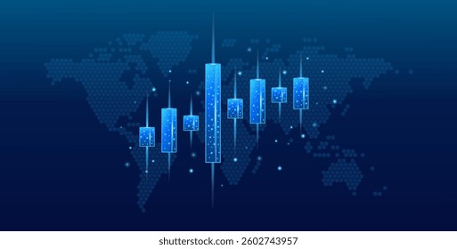 A 3D digital stock market candle isolated on a technological background of a blue global map. Abstract low-poly graphic.