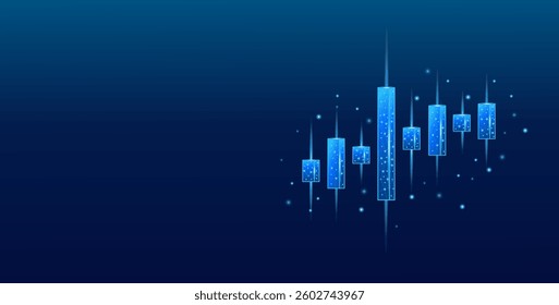 A 3D digital stock market candle isolated on a blue technological background. Abstract low-poly graphic