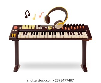 3d Digital Synthesizer on Stand and Headphones Cartoon Style Musical Instrument Isolated on a White Background. Vector illustration of Electric Piano and Earphones
