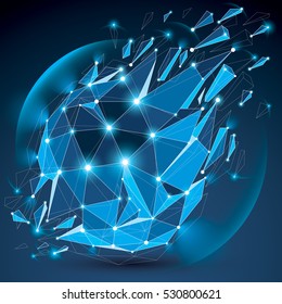 3d digital technology shattered shape with black lines and dots connected, polygonal wireframe blue object with lens circles.