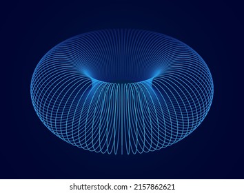 3D Digital Torus. 3D Ring Wireframe. Cyber Space VR HUD Design Element Concept. Cyber Security, Big Data, Data Storage, Electromagnetic Field Visualization Concept. Vector Illustration.
