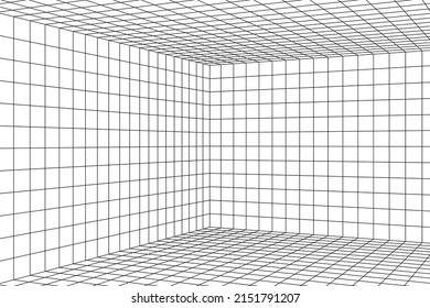 3D Digital Two Points Perspective Grid Room. Black Mesh On White Background. Empty Indoor Studio Frame Blueprint. Virtual Three Dimension Scene. Easy Guide Vector Architecture Template