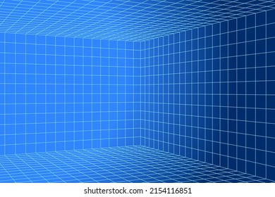 3D digital two points perspective grid room. White mesh on blue background. Empty indoor studio frame blueprint. Virtual three dimension scene. Easy guide vector architecture template