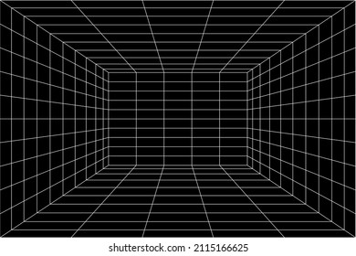 3D digital white grid of black room space with one point perspective. Empty geometric cyberspace studio background. Virtual three dimension scene. Easy guide architecture template