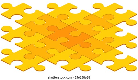 3D Digitally Generated Puzzle Pieces in Shades of Yellow Interlocked on White Background - Connection - Solution - Problem Solving Concept Image
