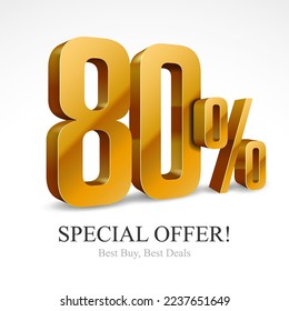 3D Digits Banner 80% Off Special, Offer Gold , Design Template Icon Thirty Percent. Sale, Discount. Glossy Vector Numbers. Illustration Isolated On White Background.