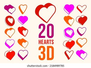 3D dimensional hearts vector icons or logos set, heart shaped buttons, graphic design elements collection, gift boxes on Valentine day.