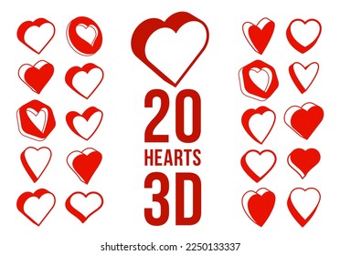 3D dimensional hearts vector icons or logos set, gift boxes on Valentine day, heart shaped buttons, graphic design elements collection.