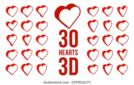 Conjuntos de iconos vectores de corazones tridimensionales o logos, cajas de regalo en el día de San Valentín, botones con forma de corazón, colección de elementos de diseño gráfico.