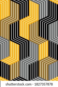 3D dimensional lined cubes seamless pattern, geometric endless texture with lines and boxes, architecture theme, black and yellow graphic design background image.