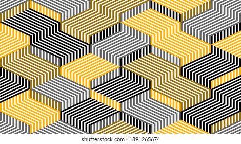 Patrón sin fisuras, textura interminable geométrica con líneas y cajas, tema de arquitectura, imagen de fondo de diseño gráfico negro y amarillo.