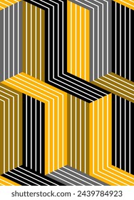 3D dimensional lined cubes seamless pattern, geometric endless texture with lines and boxes, architecture theme, black and yellow graphic design background image.