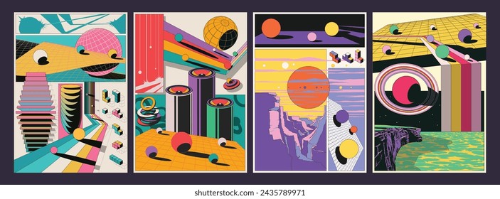 3D Dimensions Abstract Shapes, Colorful Space Illustrations, Saturn, Landscape, Ocean, Sound Speakers, Globe, Shapes