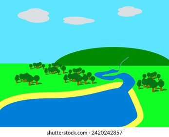 3d diorama lake landscape illustration. Holiday landscape panorama illustration simple.