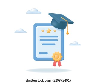 3d diploma or certificate and graduate cap. Education, college or university graduation concept. Vector illustration isolated on white background.