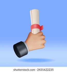 3D Diploma Paper Scroll in Hand. Render University Graduation Document with Ribbon. Certificate or Accreditation. Voucher or Invitation. Business Graduation and Education Concept. Vector Illustration