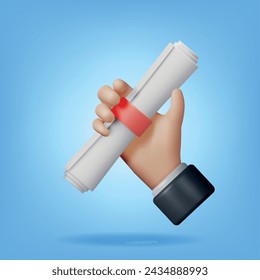 3D Diplompapier Rollen in der Hand. Render University Graduation Document mit Band. Zertifikat oder Akkreditierung. Gutschein oder Einladung. Business Graduation und Education Konzept. Vektorgrafik