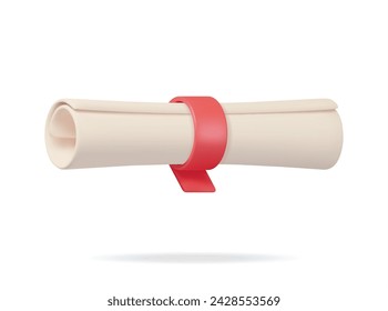 3D Diplompapier scroll isoliert. Render University Graduation Document mit Band. Zertifikat oder Akkreditierung. Gutschein oder Einladung. Business Graduation und Education Konzept. Vektorgrafik