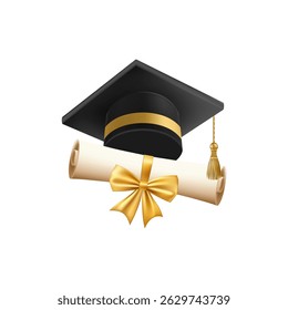 3d diploma scroll with graduate hat. Vintage roll paper with black mortarboard. Graduation education certificate of university, college, or school. Vector illustration. EPS 10.