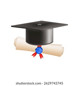 3d diploma scroll with graduate hat. Vintage roll paper with black mortarboard. Graduation education certificate of university, college, or school. Vector illustration. EPS 10.