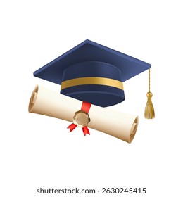 3d diploma scroll with graduate hat. Vintage roll paper with blue mortarboard. Graduation education certificate of university, college, or school. Vector illustration. EPS 10.