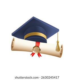 3d diploma scroll with graduate hat. Vintage roll paper with blue mortarboard. Graduation education certificate of university, college, or school. Vector illustration. EPS 10.
