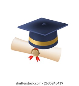 3d diploma scroll with graduate hat. Vintage roll paper with blue mortarboard. Graduation education certificate of university, college, or school. Vector illustration. EPS 10.
