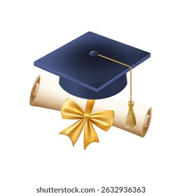 3d diploma scroll with graduate hat. Vintage roll paper with blue mortarboard. Graduation education certificate of university, college, or school. Vector illustration. EPS 10.