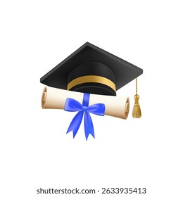 3d diploma scroll with graduate hat. Vintage roll paper with black mortarboard. Graduation education certificate of university, college, or school. Vector illustration. EPS 10.