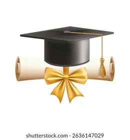 3d diploma scroll with graduate hat. Vintage roll paper with black mortarboard. Graduation education certificate of university, college, or school. Vector illustration. EPS 10.