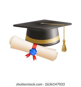 3d diploma scroll with graduate hat. Vintage roll paper with black mortarboard. Graduation education certificate of university, college, or school. Vector illustration. EPS 10.