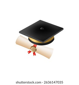 3d diploma scroll with graduate hat. Vintage roll paper with black mortarboard. Graduation education certificate of university, college, or school. Vector illustration. EPS 10.