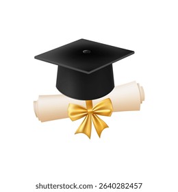 3d diploma scroll with graduate hat. Vintage roll paper with black mortarboard. Graduation education certificate of university, college, or school. Vector illustration. EPS 10.