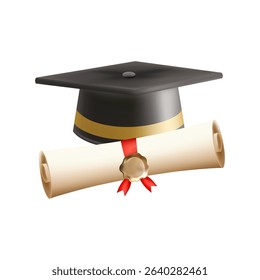 3d diploma scroll with graduate hat. Vintage roll paper with black mortarboard. Graduation education certificate of university, college, or school. Vector illustration. EPS 10.