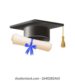 3d diploma scroll with graduate hat. Vintage roll paper with black mortarboard. Graduation education certificate of university, college, or school. Vector illustration. EPS 10.