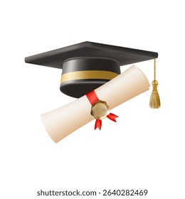 3d diploma scroll with graduate hat. Vintage roll paper with black mortarboard. Graduation education certificate of university, college, or school. Vector illustration. EPS 10.