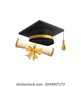3d diploma scroll with graduate hat. Vintage roll paper with black mortarboard. Graduation education certificate of university, college, or school. Vector illustration. EPS 10.