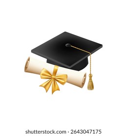 3d diploma scroll with graduate hat. Vintage roll paper with black mortarboard. Graduation education certificate of university, college, or school. Vector illustration. EPS 10.