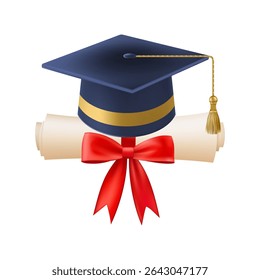 3d diploma scroll with graduate hat. Vintage roll paper with blue mortarboard. Graduation education certificate of university, college, or school. Vector illustration. EPS 10.