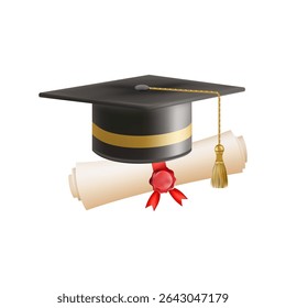 3d diploma scroll with graduate hat. Vintage roll paper with black mortarboard. Graduation education certificate of university, college, or school. Vector illustration. EPS 10.