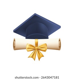 3d diploma scroll with graduate hat. Vintage roll paper with blue mortarboard. Graduation education certificate of university, college, or school. Vector illustration. EPS 10.