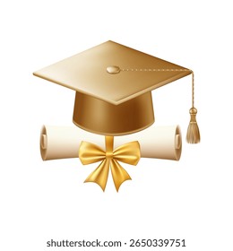 3d diploma scroll with graduate hat. Vintage roll paper with gold mortarboard. Graduation education certificate of university, college, or school. Vector illustration. EPS 10.