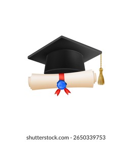 3d diploma scroll with graduate hat. Vintage roll paper with black mortarboard. Graduation education certificate of university, college, or school. Vector illustration. EPS 10.